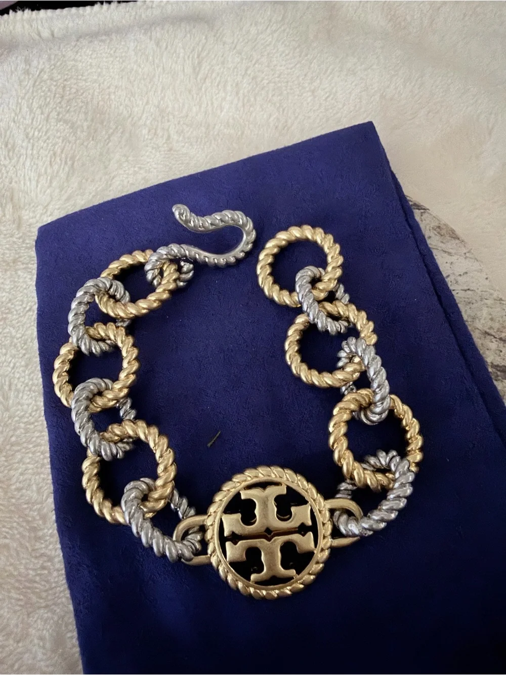 Tory Burch Gold and Silver Twisted Rope Chain Bracelet with Logo Medallion